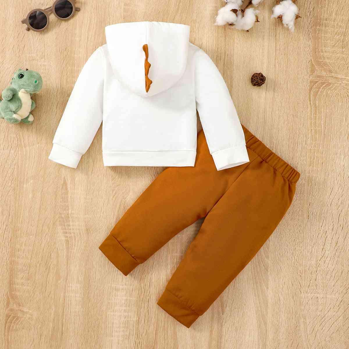 Dinosaur Graphic Hoodie and Pants Set - Browngold Fashion