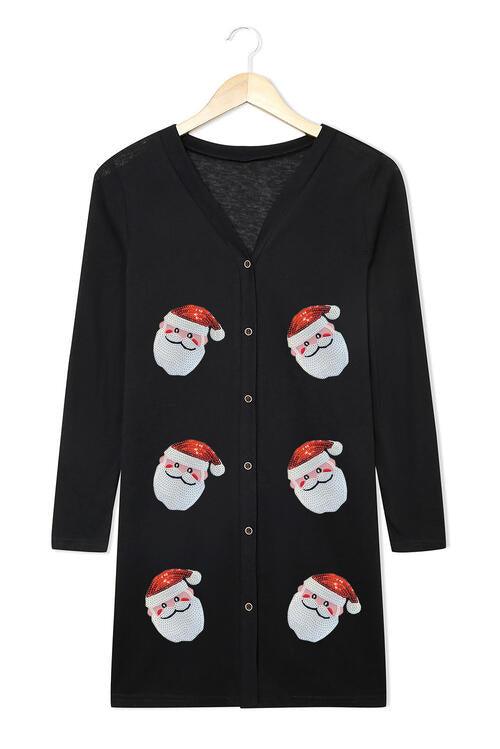 Sequin Santa Button Up Long Sleeve Cardigan - Browngold Fashion