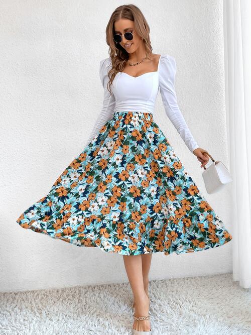 Printed Ruffle Hem Midi Skirt - Browngold Fashion