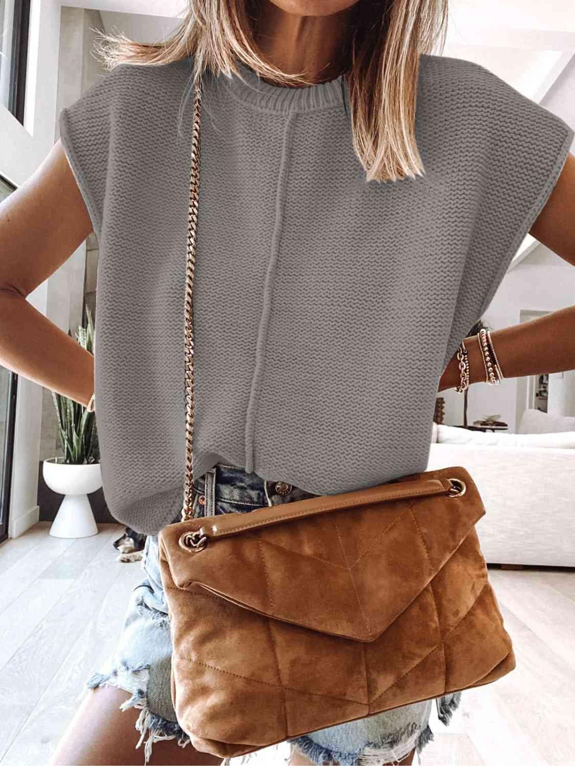 Cap Sleeve Sweater Vest - Browngold Fashion