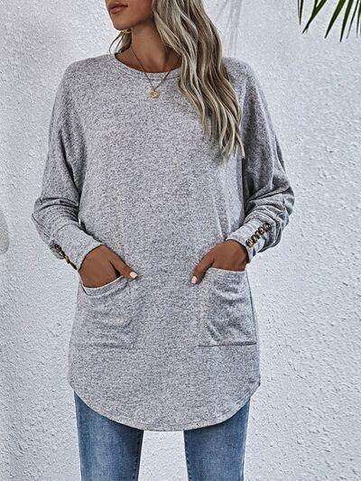 Buttoned Round Neck Long Sleeve T-Shirt - Browngold Fashion