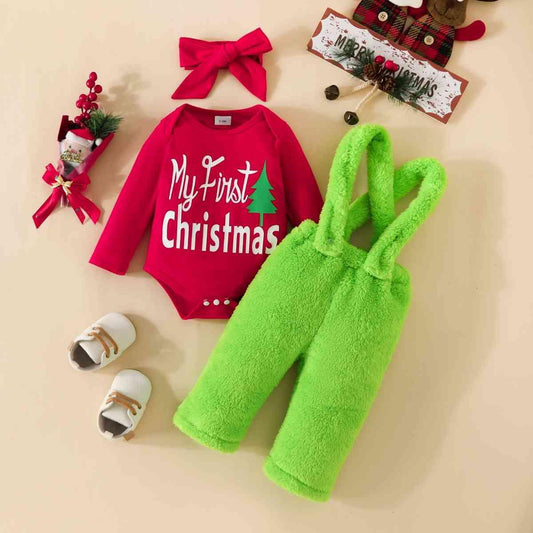 MY FIRST CHRISTMAS Graphic Bodysuit and Overalls Set - Browngold Fashion