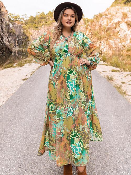 Plus Size Floral V-Neck Long Sleeve Dress - Browngold Fashion