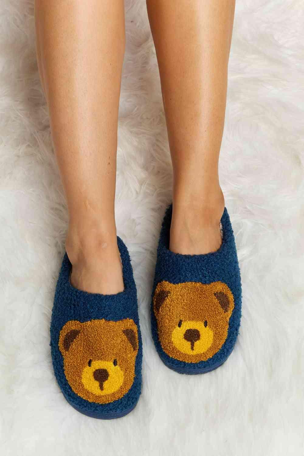 Melody Teddy Bear Print Plush Slide Slippers - Browngold Fashion