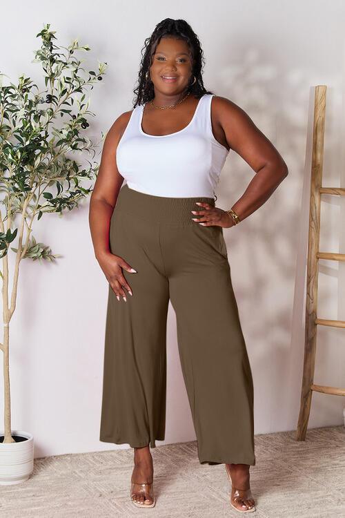 Double Take Full Size Smocked Wide Waistband Wide Leg Pants - Browngold Fashion