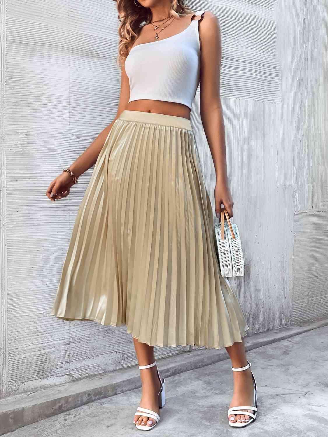 Pleated Midi Skirt - Browngold Fashion