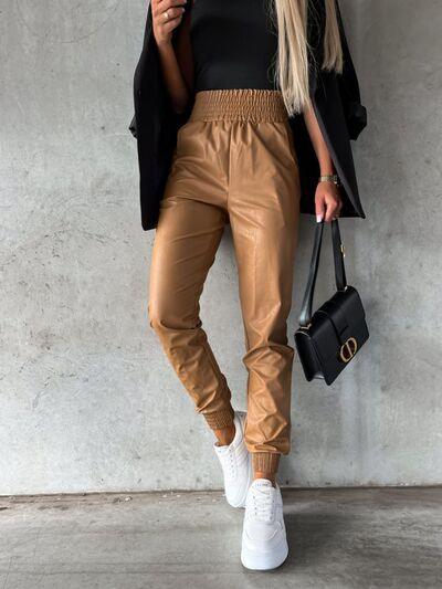 Smocked High Waist Pants with Pockets - Browngold Fashion