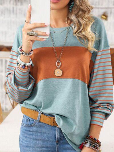 Round Neck Striped Long Sleeve Slit T-Shirt - Browngold Fashion