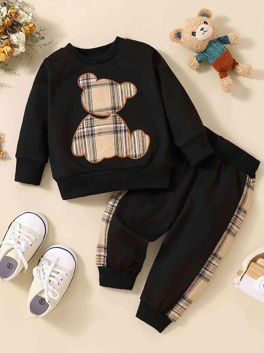 Baby Bear Graphic Sweatshirt and Joggers Set - Browngold Fashion