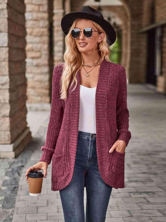 Open Front Cardigan with Pockets - Browngold Fashion