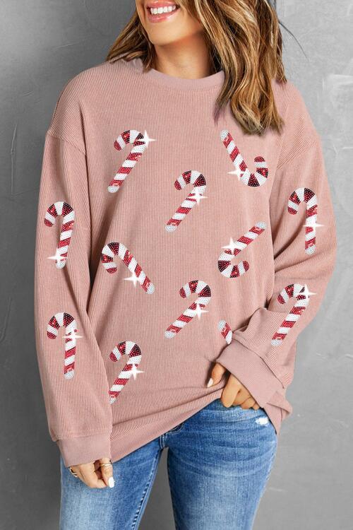 Sequin Candy Cane Round Neck Sweatshirt - Browngold Fashion