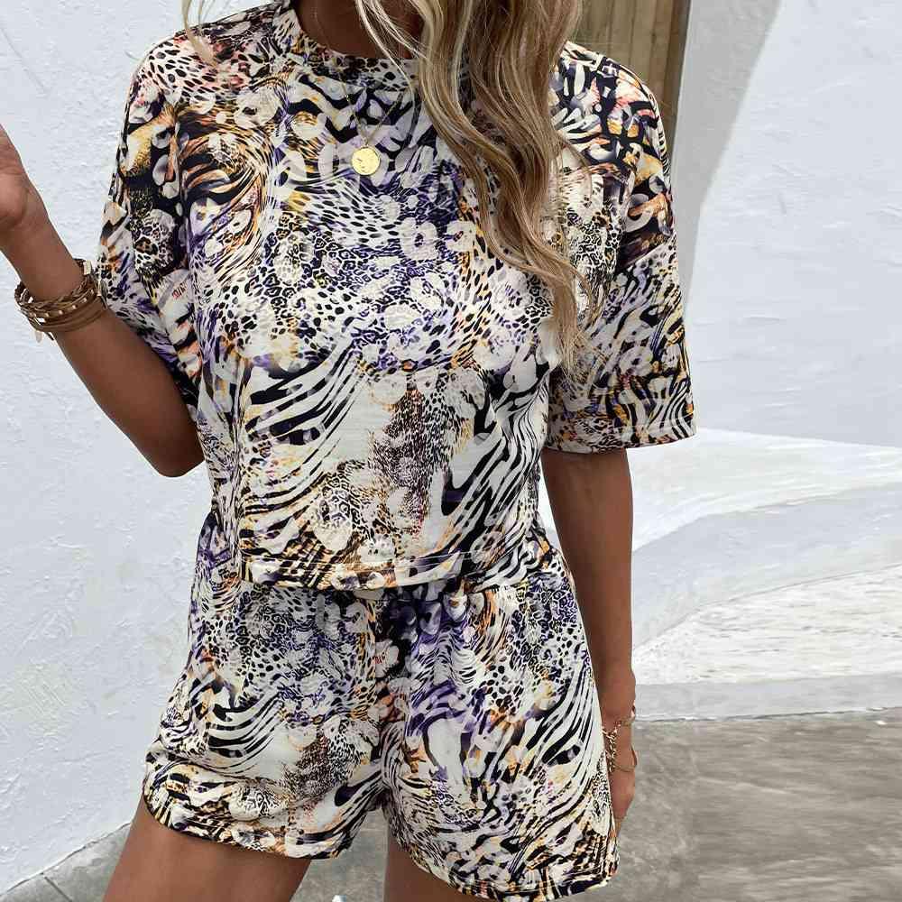 Printed Round Neck Dropped Shoulder Half Sleeve Top and Shorts Set - Browngold Fashion