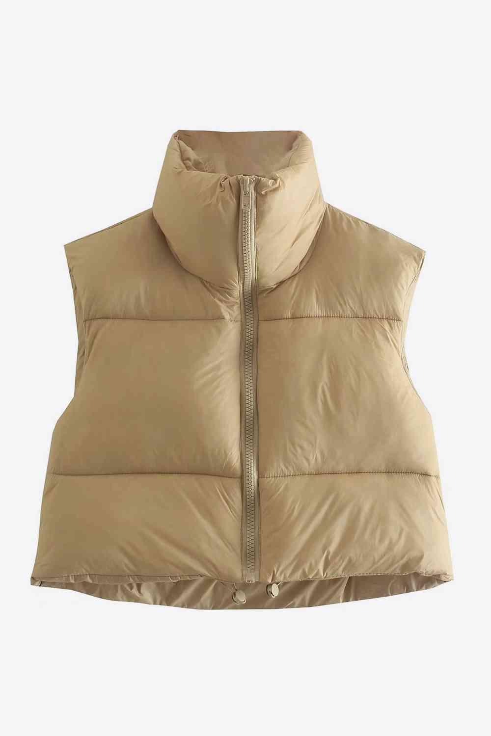 Zip-Up Drawstring Puffer Vest - Browngold Fashion