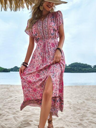 Floral Slit V-Neck Maxi Dress - Browngold Fashion