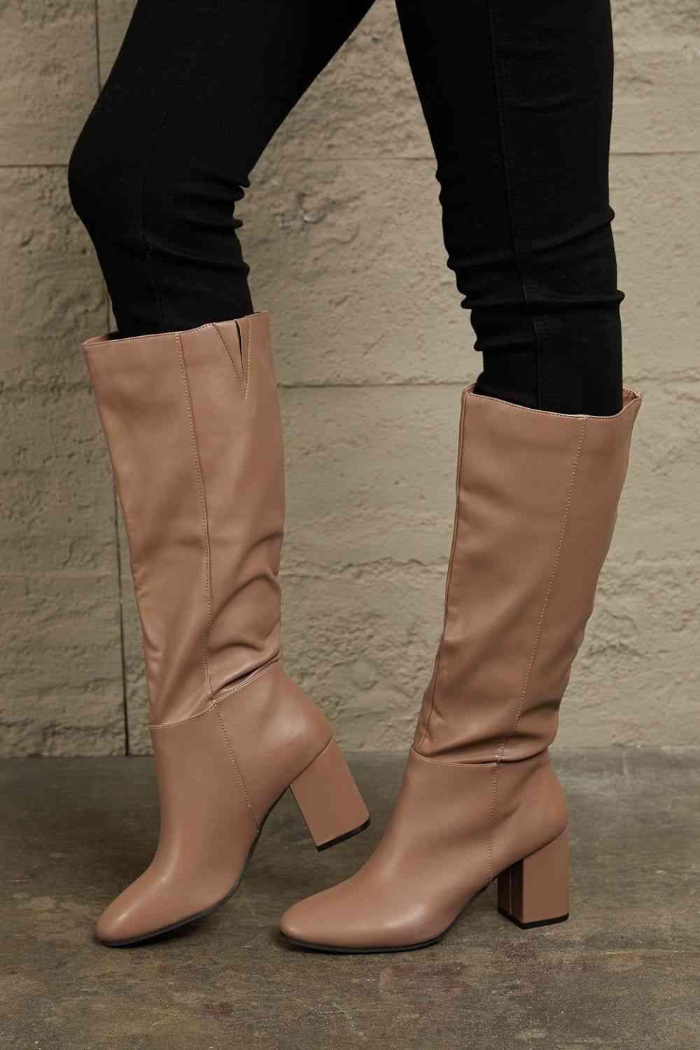 East Lion Corp Block Heel Knee High Boots - Browngold Fashion