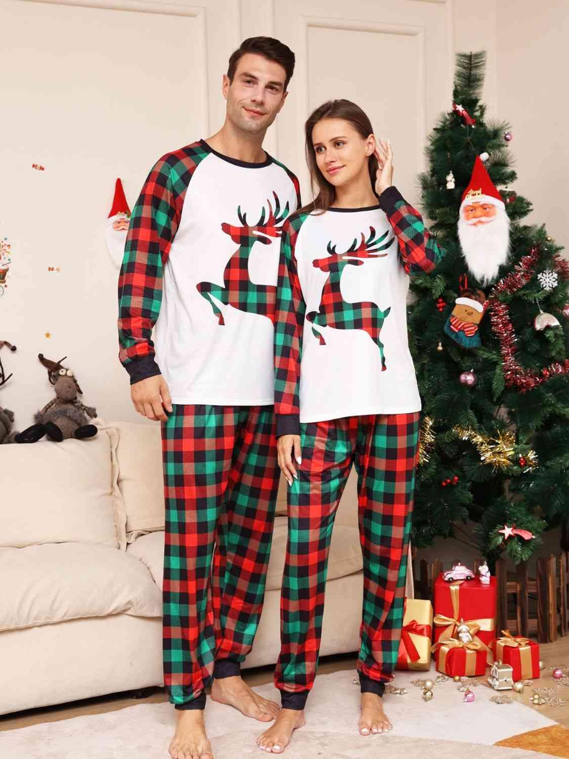 Full Size Reindeer Graphic Top and Plaid Pants Set - Browngold Fashion