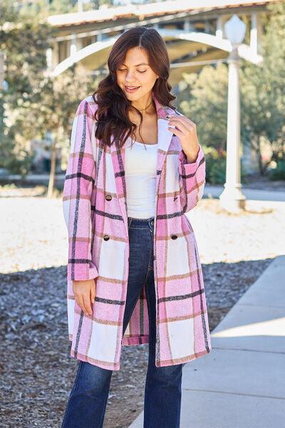 Double Take Full Size Plaid Button Up Lapel Collar Coat - Browngold Fashion