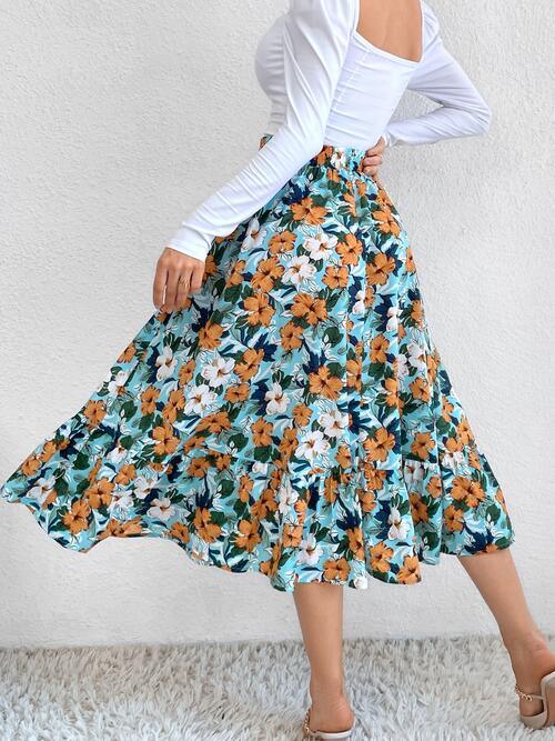 Printed Ruffle Hem Midi Skirt - Browngold Fashion