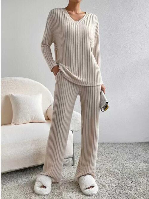 Ribbed V-Neck Long Sleeve Top and Pants Set - Browngold Fashion