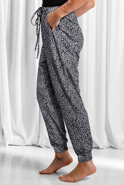 Full Size Leopard Drawstring Pocketed Pants - Browngold Fashion