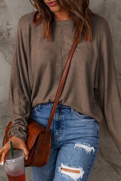 Seam Detail Round Neck Long Sleeve Top - Browngold Fashion