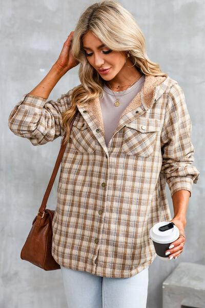 Plaid Snap Down Hooded Jacket - Browngold Fashion