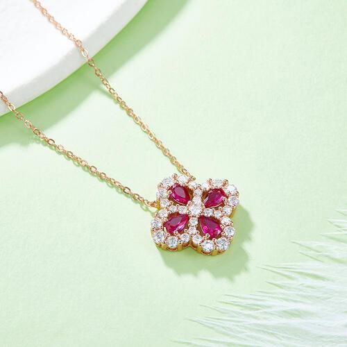 Lab-Grown Ruby 925 Sterling Silver Flower Shape Necklace - Browngold Fashion