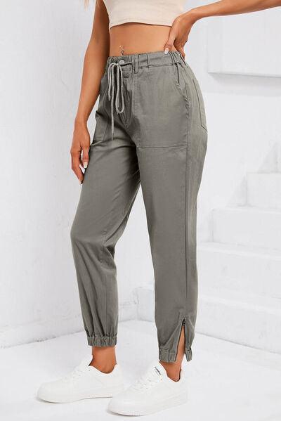 Drawstring Side Zip Joggers - Browngold Fashion