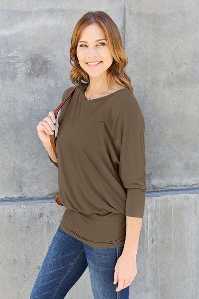 Basic Bae Full Size Round Neck Batwing Sleeve Blouse - Browngold Fashion