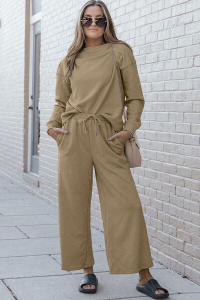 Double Take Full Size Textured Long Sleeve Top and Drawstring Pants Set - Browngold Fashion