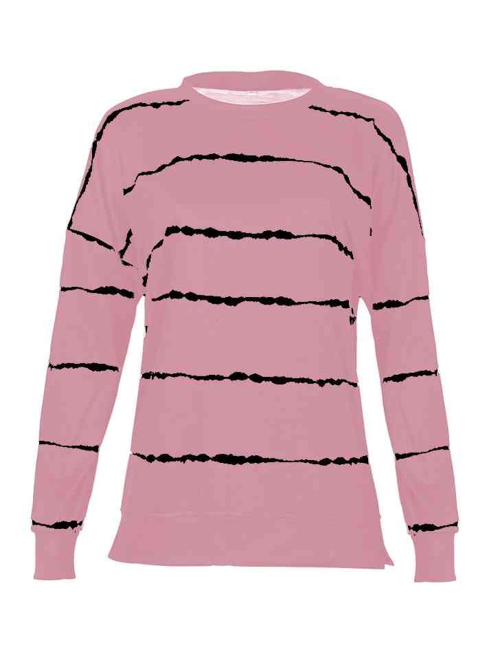 Striped Round Neck Sweatshirt - Browngold Fashion