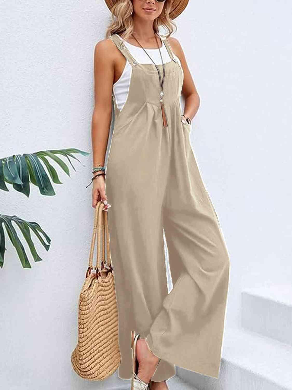 Full Size Wide Leg Overalls with Pockets - Browngold Fashion