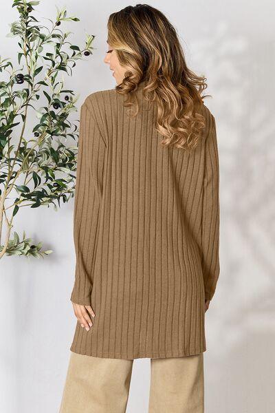 Basic Bae Full Size Ribbed Open Front Cardigan with Pockets - Browngold Fashion