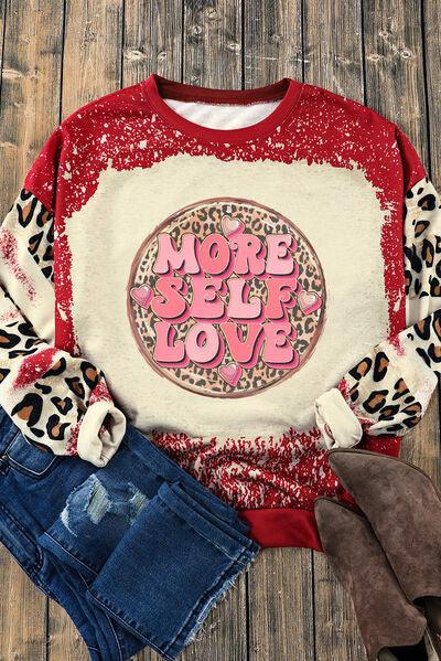 MORE SELF LOVE Leopard Round Neck Sweatshirt - Browngold Fashion