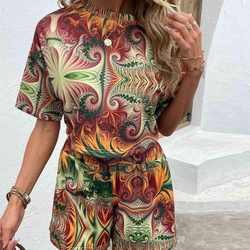 Printed Round Neck Dropped Shoulder Half Sleeve Top and Shorts Set - Browngold Fashion