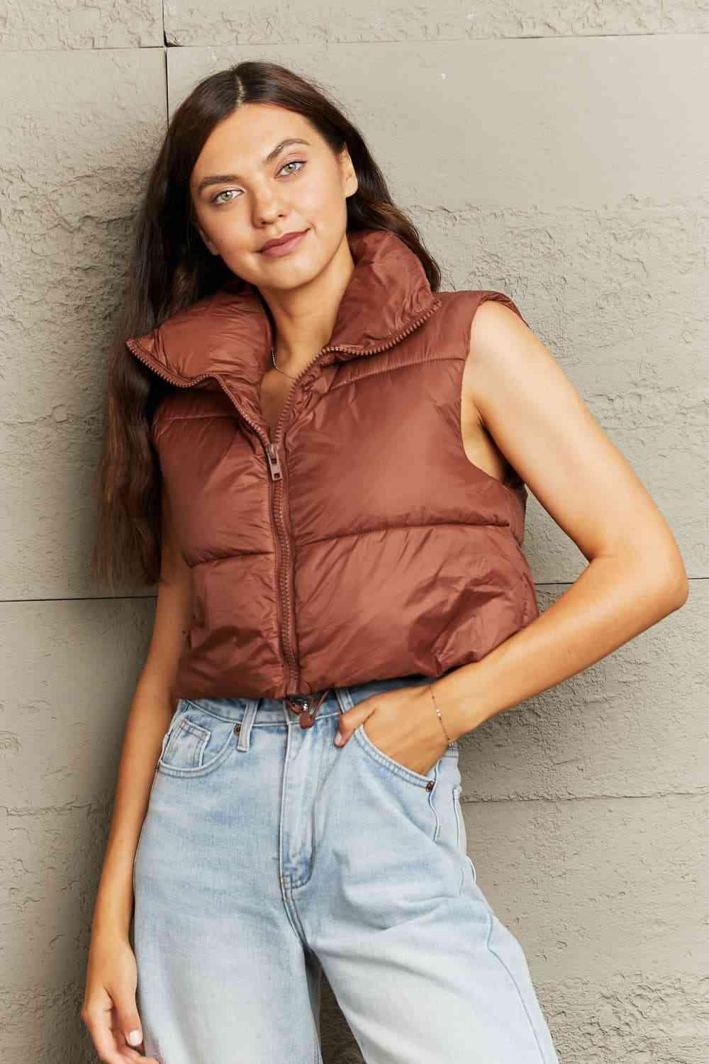 Zip-Up Drawstring Puffer Vest - Browngold Fashion