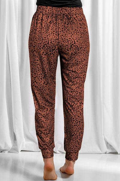 Full Size Leopard Drawstring Pocketed Pants - Browngold Fashion