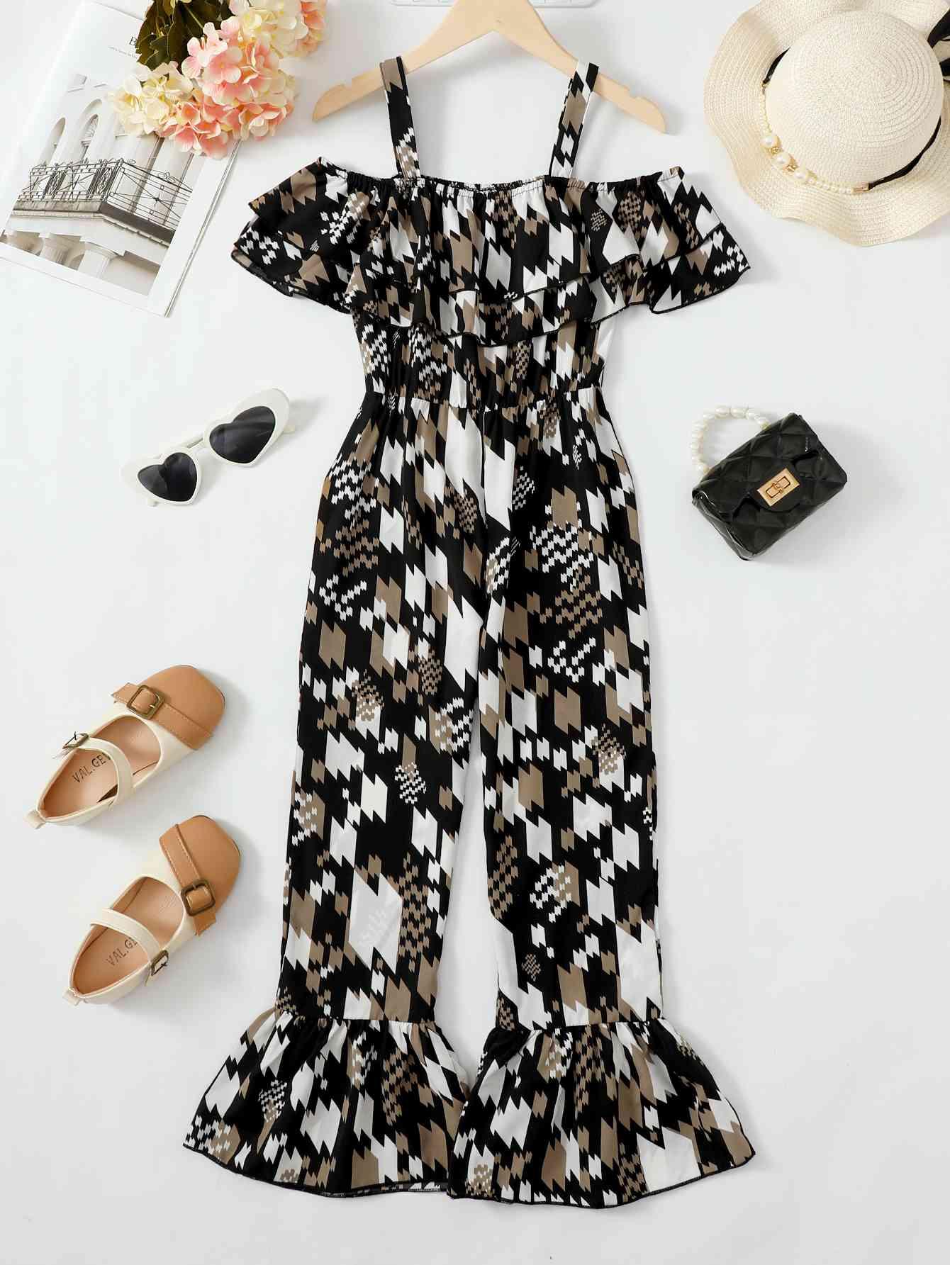 Printed Cold-Shoulder Flare Leg Jumpsuit - Browngold Fashion