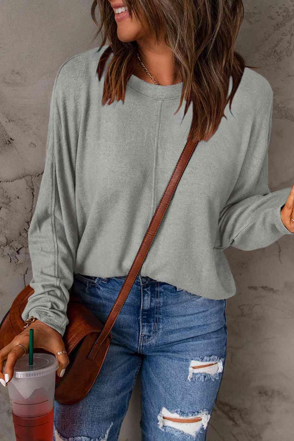 Seam Detail Round Neck Long Sleeve Top - Browngold Fashion