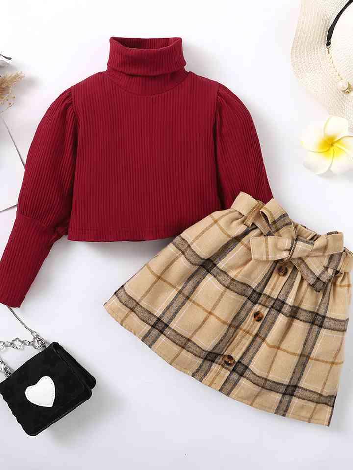 Turtle Neck Long Sleeve Ribbed Top and Plaid Skirt Set - Browngold Fashion