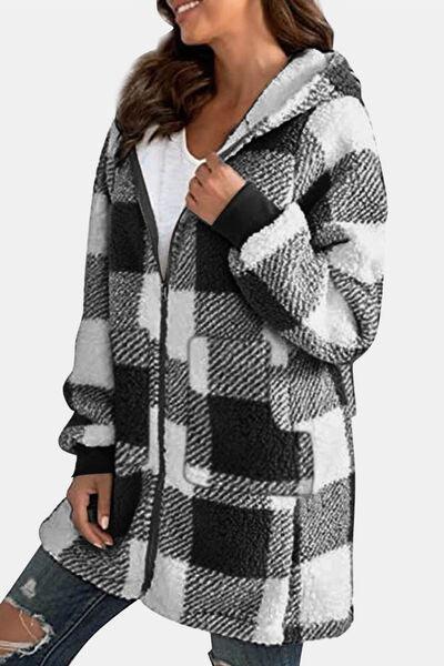 Double Take Full Size Plaid Long Sleeve Hooded Coat - Browngold Fashion