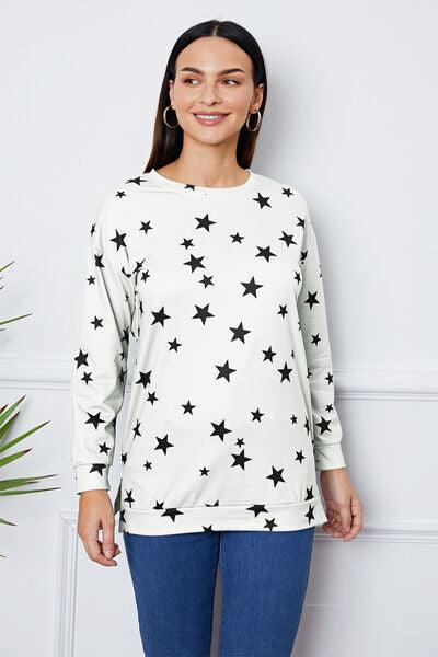 Star Print Round Neck Dropped Shoulder Sweatshirt - Browngold Fashion