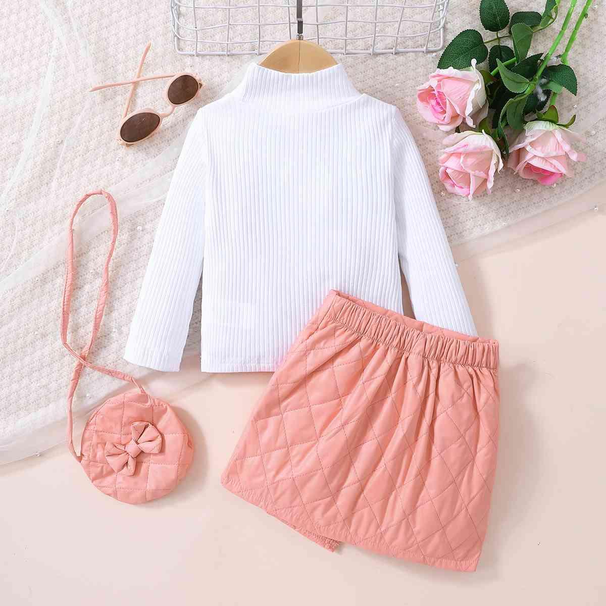 Girls Knit Top and Decorative Button Skirt Set with Bag - Browngold Fashion