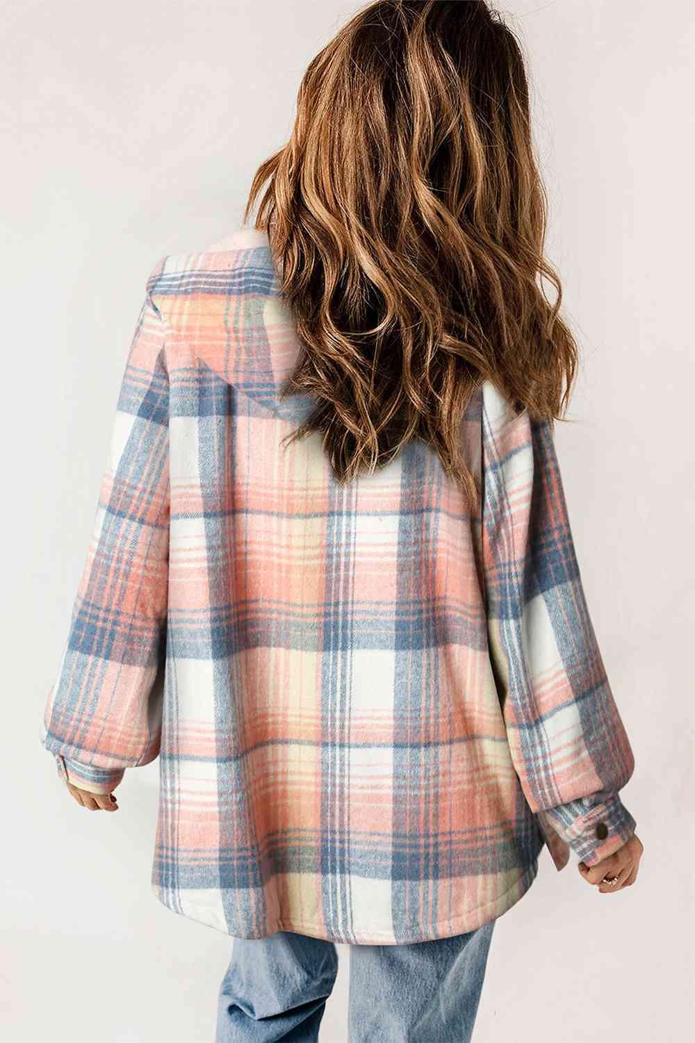 Plaid Snap Down Hooded Jacket - Browngold Fashion