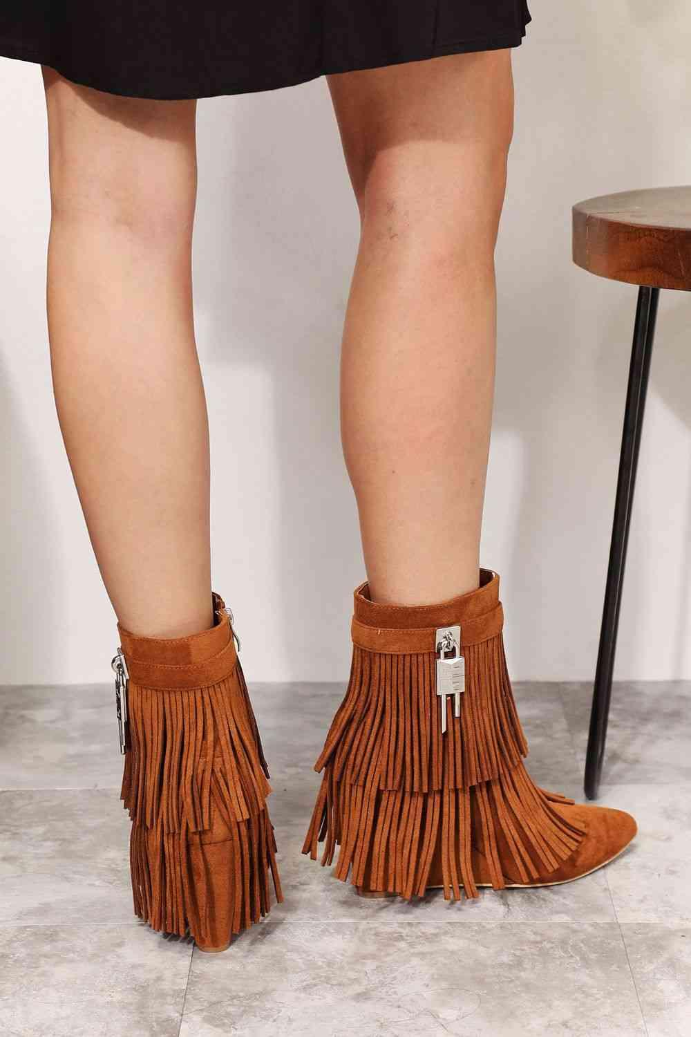 Legend Women's Tassel Wedge Heel Ankle Booties - Browngold Fashion