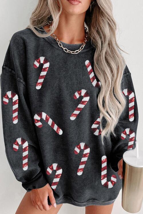 Sequin Candy Cane Round Neck Sweatshirt - Browngold Fashion