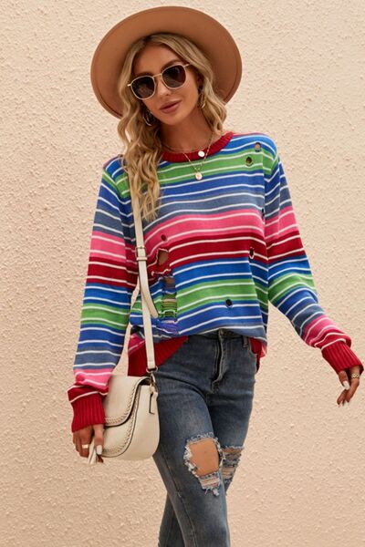 Striped Distressed Cutout Round Neck Sweater