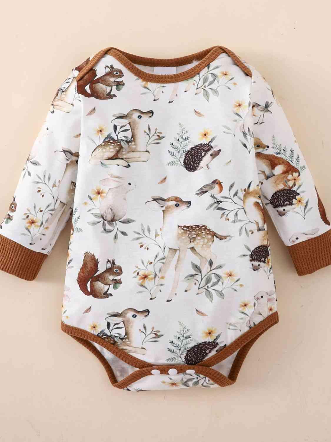 Baby Printed Bodysuit and Waffle-Knit Joggers Set - Browngold Fashion