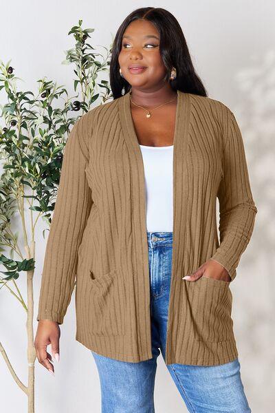 Basic Bae Full Size Ribbed Open Front Cardigan with Pockets - Browngold Fashion