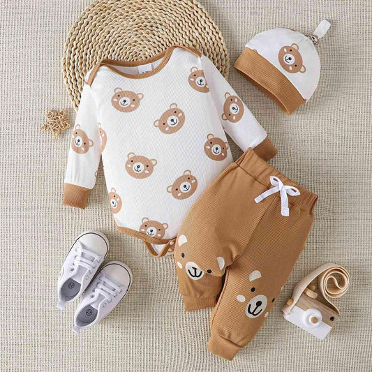 Bear Print Bodysuit and Joggers Set - Browngold Fashion